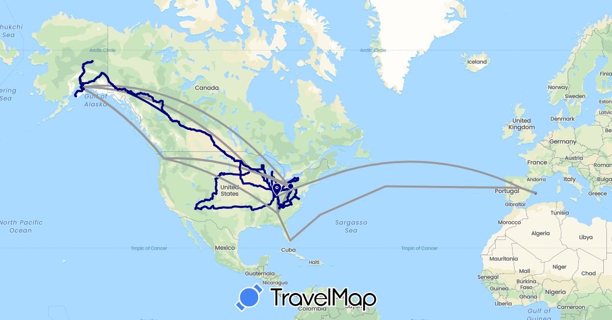 TravelMap itinerary: driving, plane in Canada, Spain, United States (Europe, North America)