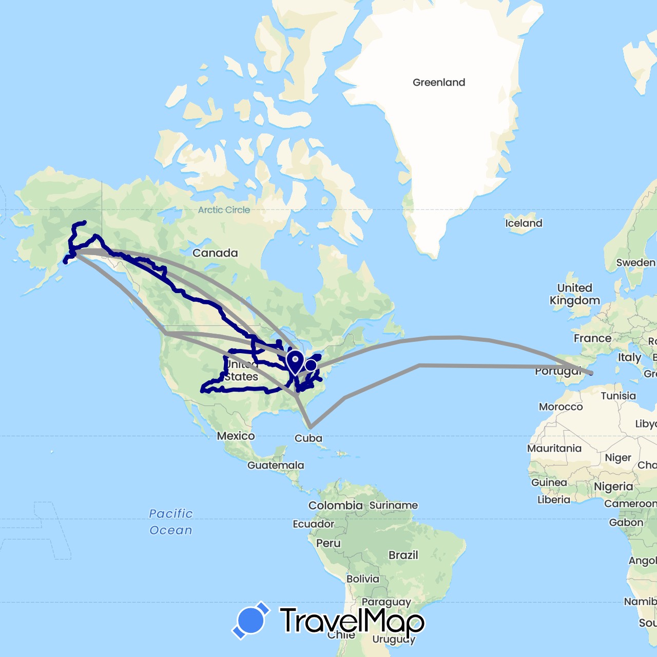 TravelMap itinerary: driving, plane in Canada, Spain, United States (Europe, North America)